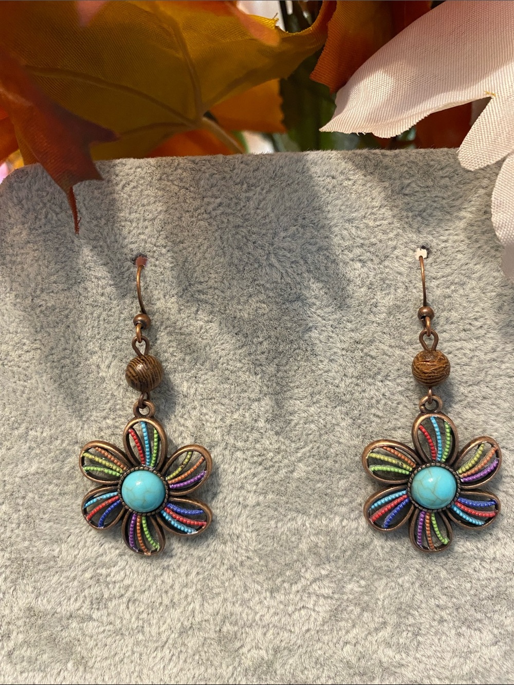 NIP Faux Turquoise Center Multicolor Flower Drop Earrings - Women Jewelry